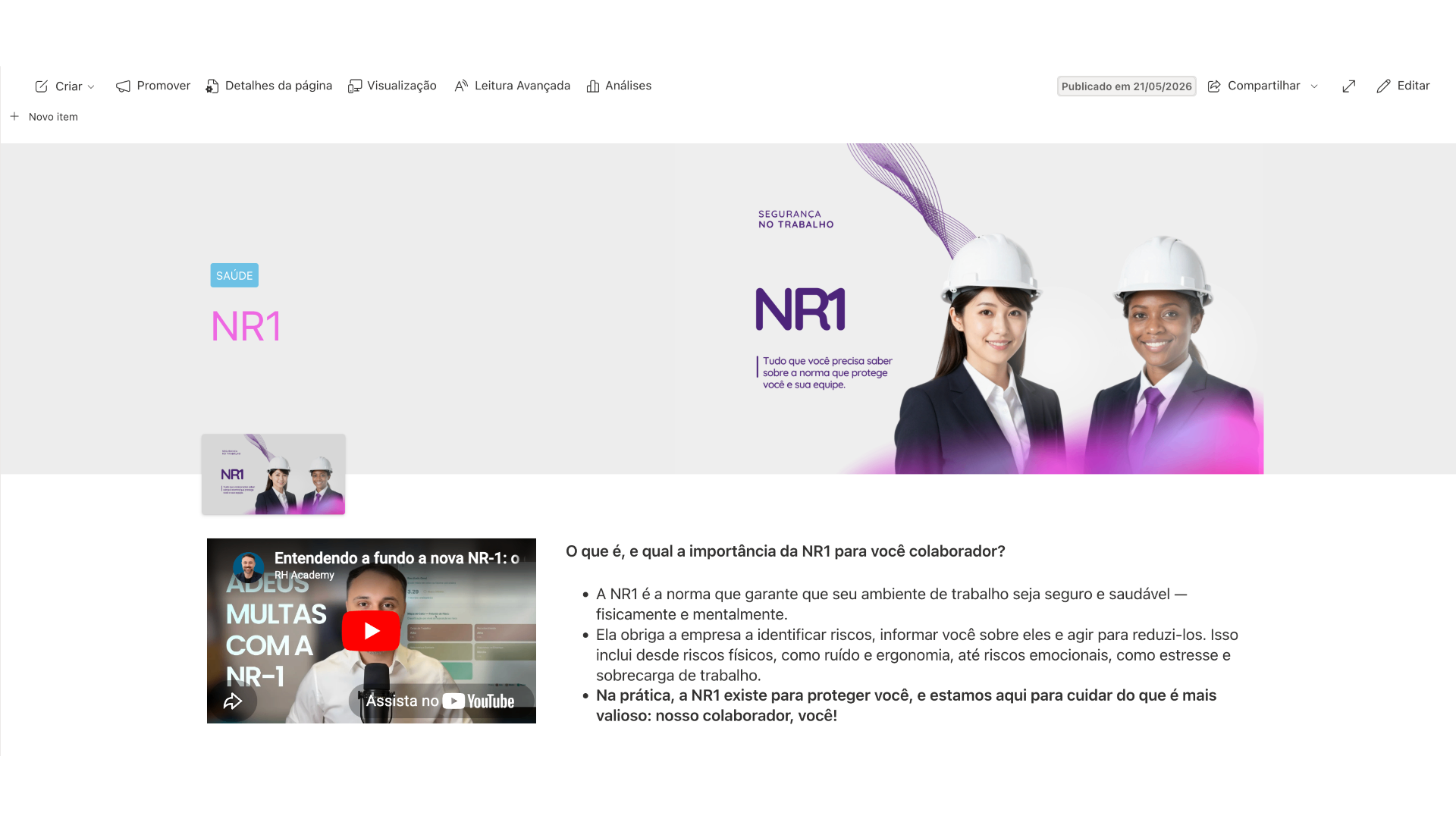 Página NR-1 na intranet Workhub